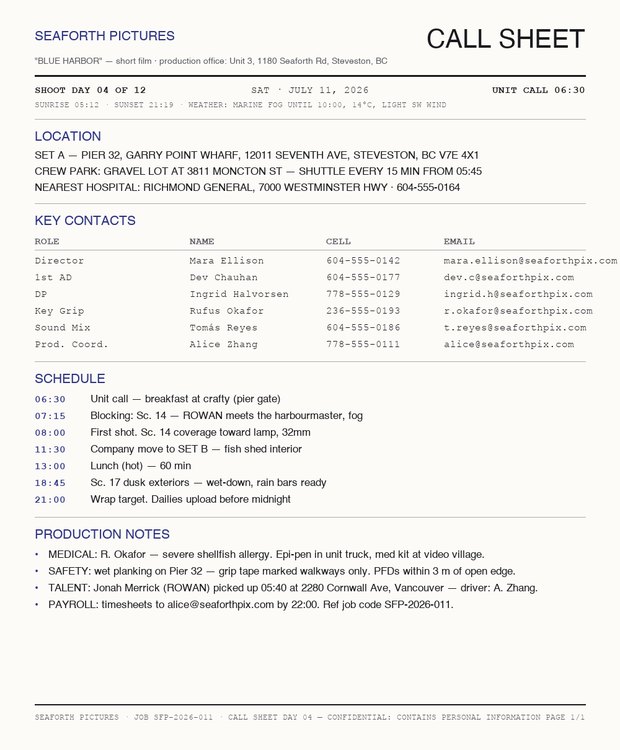 Fictional Seaforth Pictures call sheet before redaction.