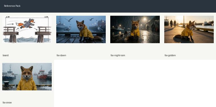 Animatic reference pack contact sheet: a storyboard frame of the fox leaping a pier gap beside four lighting reference stills.