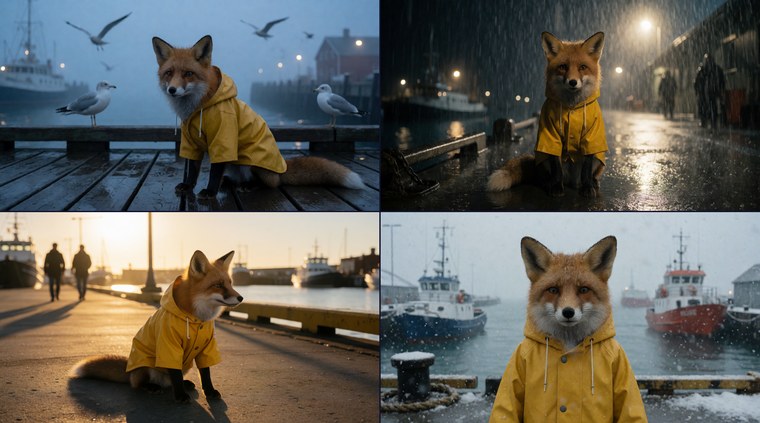 Four batch-generated variations of the slicker fox: dawn haze, night rain, golden hour, and snow.