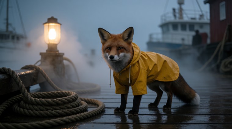 Recorded composition output: the slicker fox on the foggy pier beside a lit lamp.
