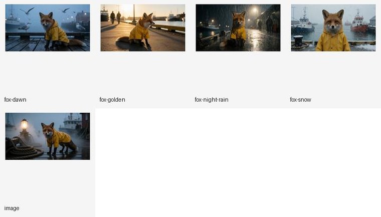 Dataset contact sheet of the five slicker-fox stills prepared for LoRA training.