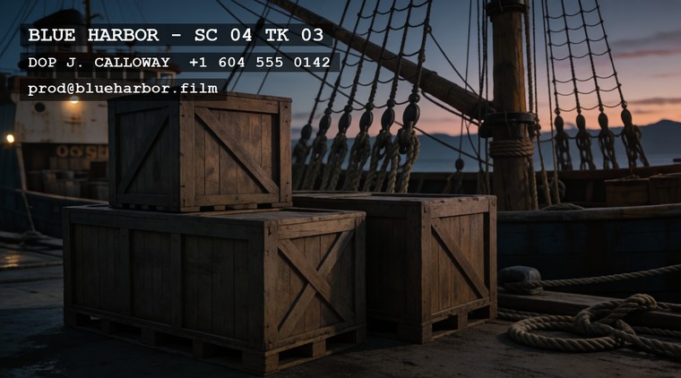 Dockside frame with a burned-in production slate showing a DOP name, phone number, and email.