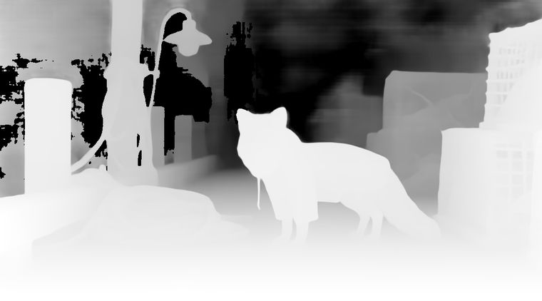Metric depth pass of the plate: the fox and lamp bright and near, fog falling to black.