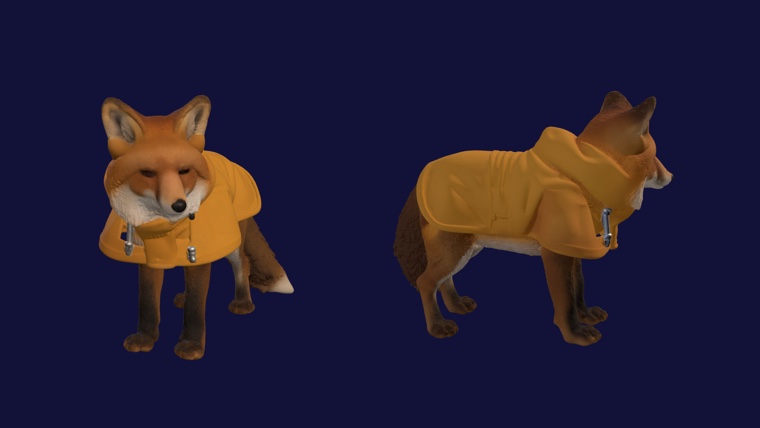 Two shaded views of the reconstructed 3D fox mesh in its yellow slicker, front three-quarter and back three-quarter.