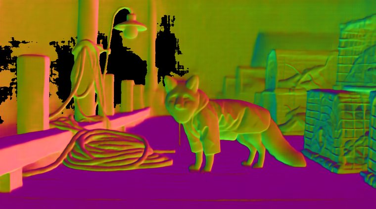 Camera-space normal pass of the plate in vivid pink and green.