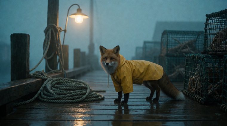 Generated film plate: a fox in a yellow rain slicker on a foggy harbor pier at dusk.
