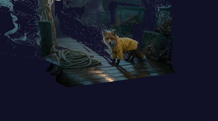 Colored 3D point cloud of the pier and fox seen from an angle the camera never had.